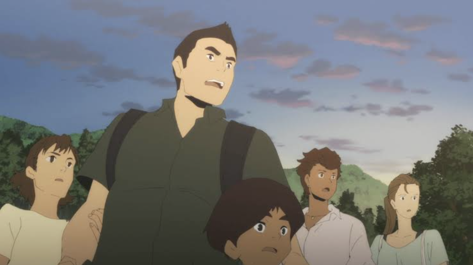 The image features the Mutoh family and characters from the anime series Japan Sinks: 2020 (Nippon Chinbotsu 2020), directed by Masaaki Yuasa and produced by Science SARU.