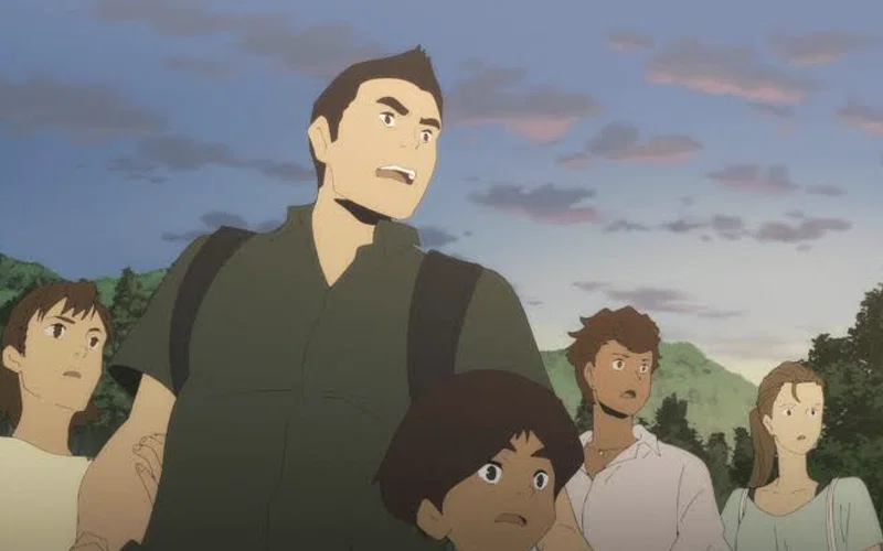 The image features the Mutoh family and characters from the anime series Japan Sinks: 2020 (Nippon Chinbotsu 2020), directed by Masaaki Yuasa and produced by Science SARU.