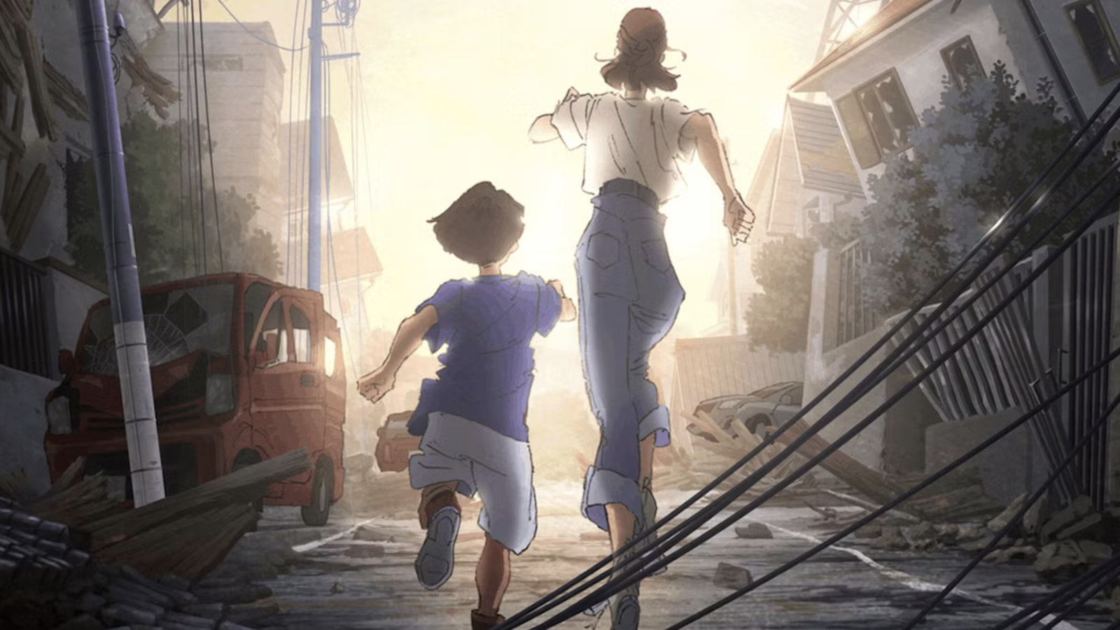 The image shows a scene from the animated disaster series Japan Sinks: 2020, directed by Masaaki Yuasa.