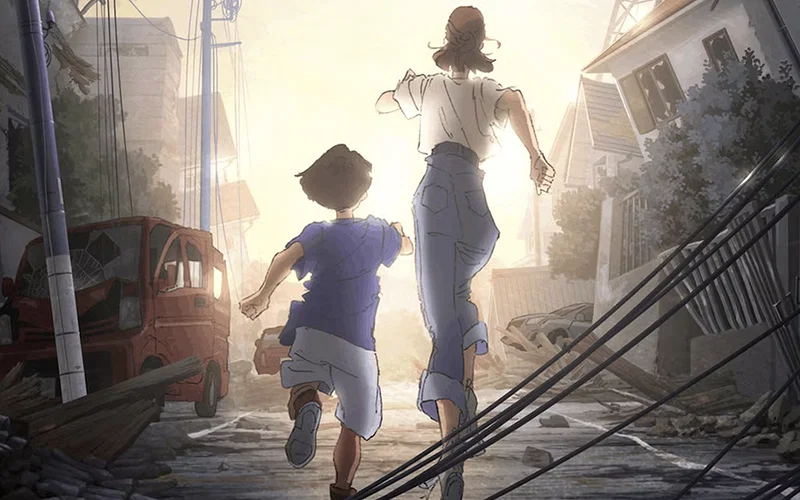The image shows a scene from the animated disaster series Japan Sinks: 2020, directed by Masaaki Yuasa.