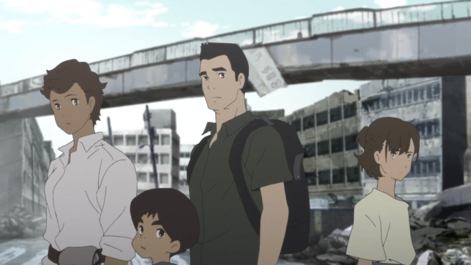 The image shows the Muto family (Ayumu, Go, Koichiro, and Mari) from the disaster survival anime series Japan Sinks: 2020.