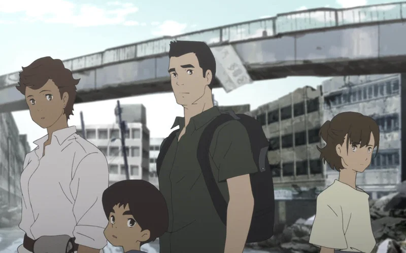 The image shows the Muto family (Ayumu, Go, Koichiro, and Mari) from the disaster survival anime series Japan Sinks: 2020.